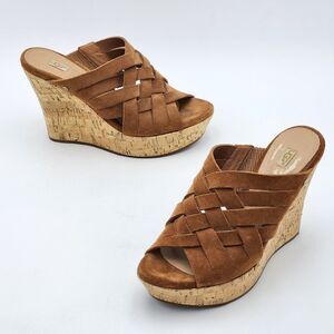 UGG Marta Woven Suede Cork Wedge Platform Sandals Brown Size 7
